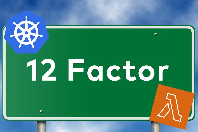 A street sign with '12 Factor' on it. The Kubernetes logo and AWS Lambda logo are on top of it like stickers.