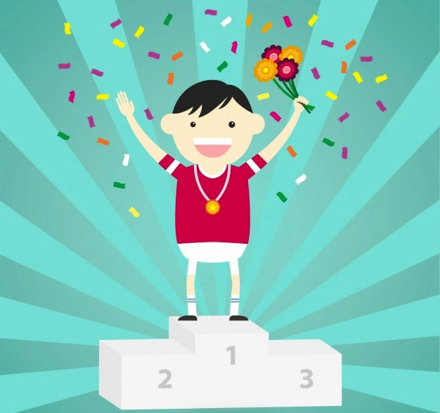 podium first place: boy stands on a podium on the first place step and celebrates